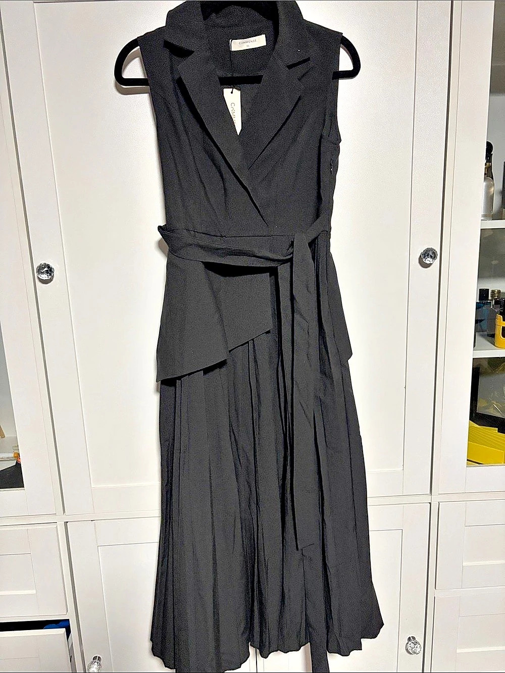 Commense Sleeveless Belted Pleated Blazer Dress Black XS